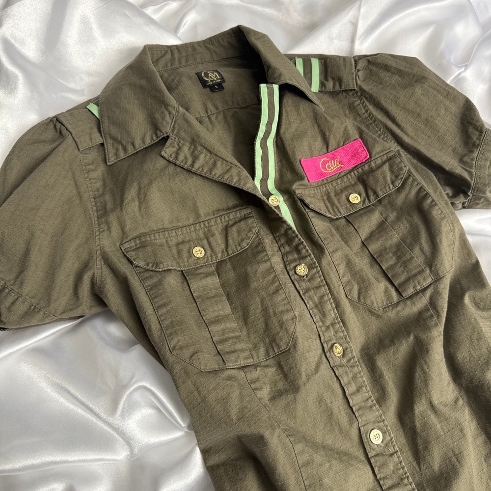 Cia.Maritima Olive Green Ripstop Button Up Shirt Pink Patch Lime Trim Small - Picture 4 of 4